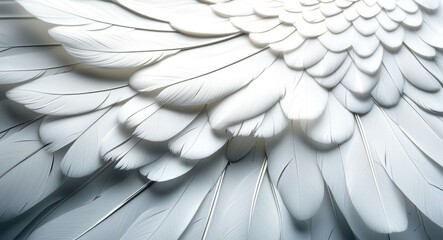 Fototapeta premium white feathers, angel wings, intricate detail, close-up, soft texture, overlapping layers, ethereal, pure, heavenly, graceful, 3D rendering, high resolution, dramatic lighting, serene atmosphere, divi