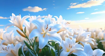 Fototapeta premium White lilies in bloom, field of flowers, bright sunny day, blue sky with fluffy clouds, mountain backdrop, vibrant nature scene, close-up floral photography, high contrast, vivid colors, summer landsc