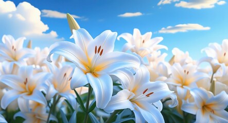 Obraz premium White lilies in bloom, field of flowers, bright sunny day, blue sky with fluffy clouds, mountain backdrop, vibrant nature scene, close-up floral photography, high contrast, vivid colors, summer landsc