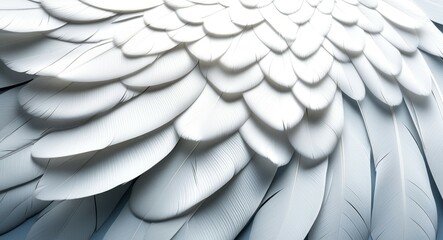 Fototapeta premium white feathers, angel wings, intricate detail, close-up, soft texture, overlapping layers, ethereal, pure, heavenly, graceful, 3D rendering, high resolution, dramatic lighting, serene atmosphere, divi
