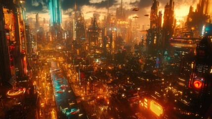 Naklejka premium A vibrant futuristic cityscape illuminated by neon lights and flying vehicles at dusk.