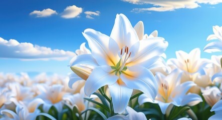 Fototapeta premium White lilies in bloom, field of flowers, bright sunny day, blue sky with fluffy clouds, mountain backdrop, vibrant nature scene, close-up floral photography, high contrast, vivid colors, summer landsc