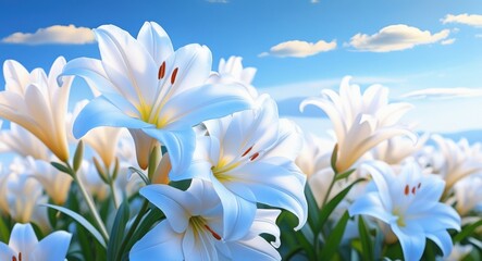 Obraz premium White lilies in bloom, field of flowers, bright sunny day, blue sky with fluffy clouds, mountain backdrop, vibrant nature scene, close-up floral photography, high contrast, vivid colors, summer landsc
