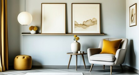 Modern living room, Scandinavian design, gray armchair, yellow cushion, white vase, yellow flowers, round paper lantern, framed wall art, textured wallpaper, wooden floor, natural light, minimalist de