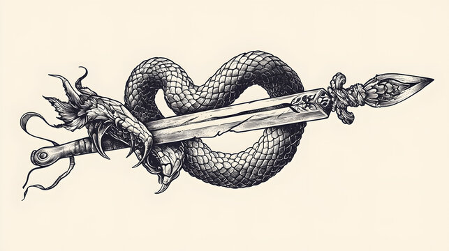 A tattoo design idea of a snake coiled around a dagger.