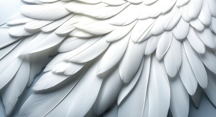 Fototapeta premium white feathers, angel wings, intricate detail, close-up, soft texture, overlapping layers, ethereal, pure, heavenly, graceful, 3D rendering, high resolution, dramatic lighting, serene atmosphere, divi