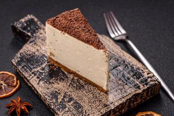 Slice of sweet cheesecake sprinkled with chopped chocolate