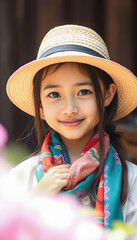 beautiful tender girl posing in silk scarf and straw hat, blurry foreground, with white tones