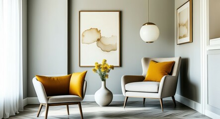 Modern living room, Scandinavian design, gray armchair, yellow cushion, white vase, yellow flowers, round paper lantern, framed wall art, textured wallpaper, wooden floor, natural light, minimalist de