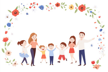 Fototapeta premium A vibrant family circle with parents and children surrounded by colorful flowers, radiating joy, connection, and warmth in a bright and cheerful setting.