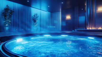 Luxury jacuzzi water at night, illuminated by soft lights, offering a serene spa experience in a beautifully designed indoor space, nobody in relaxation and wellness pool.