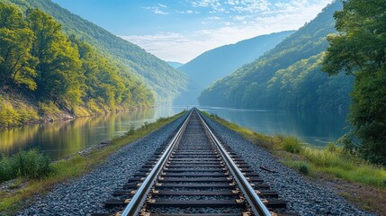 Fototapeta premium Tranquil railroad tracks through a mountain valley reflecting on a serene river. Lush green forests line the valley walls under a clear sky.