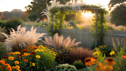 A warmly lit, cinematic photo of a serene country garden during the peak of fall, featuring a vibrant tapestry of autumnal flowers, including orange and yellow marigolds, rust-hued cosmos