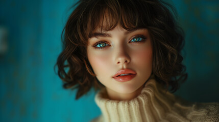 Fototapeta premium portrait of a young woman with curly brunette hair, piercing blue eyes, and soft makeup, wearing a cozy cream sweater, perfect for winter fashion and cozy lifestyle imagery.