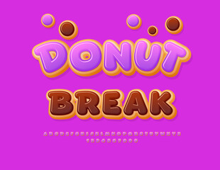 Vector Tasty template Donut Break. Cartoon style Font. Sweet Alphabet Letters and Numbers set.