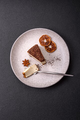 Slice of sweet cheesecake sprinkled with chopped chocolate