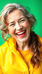 Fototapeta premium happy 40 years old ultra beauty Caucasian, who is smiling and laughing, wearing bright clothes. green background, studio photos. created by technology, vibrant, with white tones