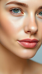 Fototapeta premium Close up portrait of beautiful face young female model with fresh clean skin and healthy skin for Cosmetology, beauty and spa, flat design, with white tones