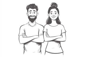 Obraz premium Black-and-white sketch of a smiling couple standing confidently side by side. Minimalist art style offers elegance and emotional focus. Perfect for creative uses.