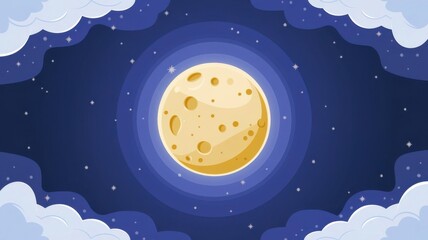 Fototapeta premium Cartoon Illustration of a Bright Full Moon Surrounded by Soft Clouds and Twinkling Stars