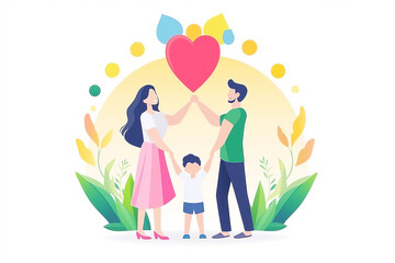 A creative illustration of a happy family holding hands under a heart-shaped sun, symbolizing love, connection, and positivity in a whimsical style.