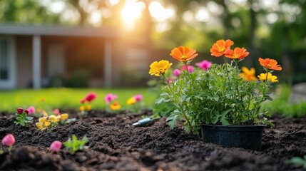 Fototapeta premium A vibrant garden scene with blooming flowers and soil, symbolizing growth and nature.