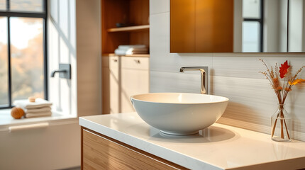 Stylish vessel sink on light countertop in modern bathroom