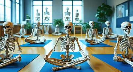 Skeleton yoga class, meditation studio, blue yoga mats, humorous fitness scene, wellness center, bone anatomy, mindfulness practice, surreal health concept, indoor exercise space, skeletal wellness, w