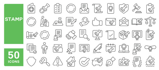 Set of 50 line icons related to stamp, approved, legal, contract, document, post, check, guarantee, seal, Editable stroke. Vector illustration