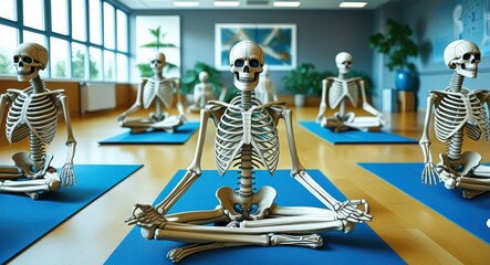 Skeleton yoga class, meditation studio, blue yoga mats, humorous fitness scene, wellness center, bone anatomy, mindfulness practice, surreal health concept, indoor exercise space, skeletal wellness, w