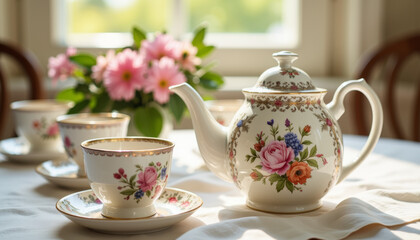 Fototapeta premium Charming vintage tea set arranged on a rustic table adorned with fresh flowers in a serene countryside setting
