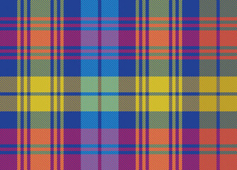 Bright Scottish tartan in a seamless geometric pattern with pink, blue, and yellow threads. Multicolored textile design. Traditional woven fabric. Checkered plaid vector illustration.