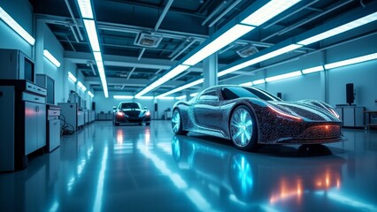 Fototapeta premium A futuristic lab with engineers working on propulsion advancements for electric vehicles