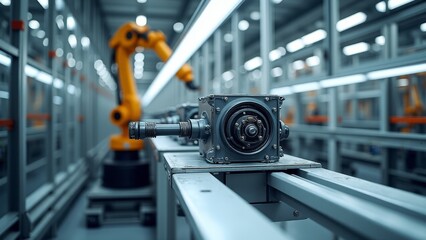 Fototapeta premium A robotic assembly line manufacturing advanced propulsion for electric vehicles