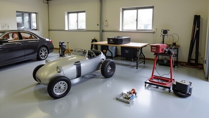A clean workshop with propulsion components for experimental electric cars