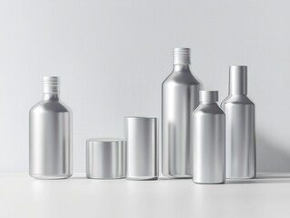 Sleek cosmetic aluminum bottles mockup arranged artistically for an elegant display