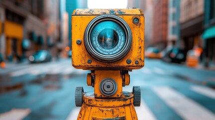 Fototapeta premium Vintage theodolite on city street.