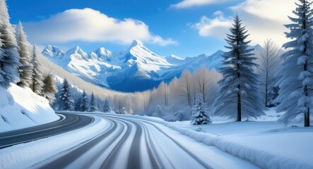 Snowy mountain landscape, winding road, winter scene, tall pine trees, dramatic sky, blue tones, photorealistic painting, digital art, detailed scenery, tranquil atmosphere, crisp shadows, sunlight on