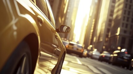 A yellow taxi parked on a city street, basking in warm sunlight among tall buildings.