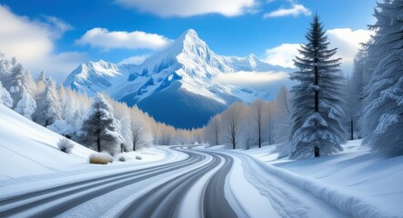 Obraz premium Snowy mountain landscape, winding road, winter scene, tall pine trees, dramatic sky, blue tones, photorealistic painting, digital art, detailed scenery, tranquil atmosphere, crisp shadows, sunlight on