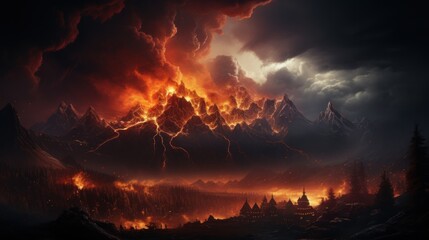Naklejka premium Fiery Mountain Inferno: A Volcanic Eruption's Devastation