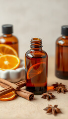 Amber glass bottles with dried orange slices, cinnamon sticks, and anise stars on a beige table. Autumn beauty products set, vector style, with white tones
