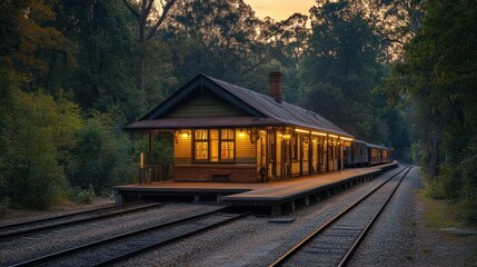Old railway station at dusk illuminated by amber LED lights enhancing vintage architecture