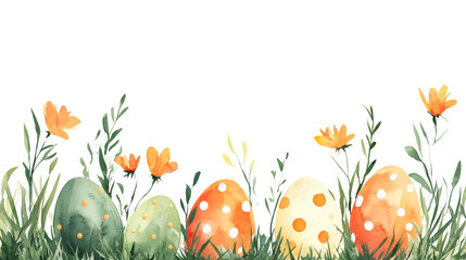 Festive spring scene with colorful easter eggs, grass, and orange flowers in a watercolor painting