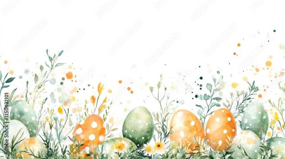 Poster vibrant easter eggs surrounded by delicate spring blossoms create a joyful frame on a white backdrop