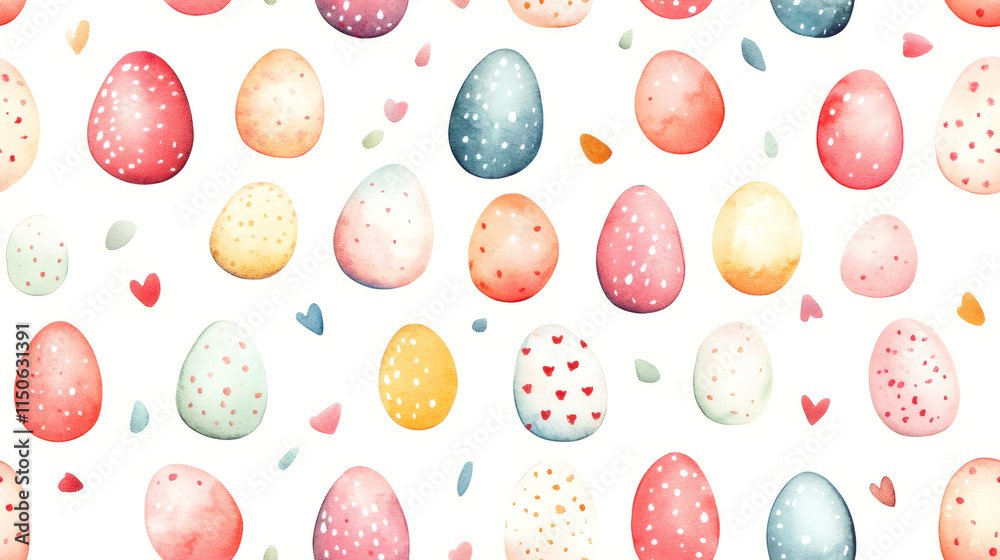 Poster festive spring and easter-themed watercolor seamless pattern with colorful eggs and hearts for proje