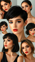 Obraz premium collage of beautiful women. beauty girls with short haircut and make-up, cinematic, with white tones