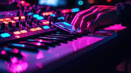A close-up of a musician's hand on a synthesizer, illuminated by vibrant lights.