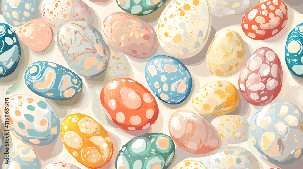 Poster Festive and joyful seamless pattern of colorful easter eggs with a variety of patterns