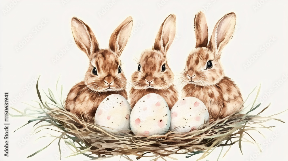 Poster watercolor illustration of three brown rabbits in a nest surrounded by decorated easter eggs, captur